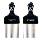 (2 Pack) 6.75" Black Fist Metal Afro Pick Lift Hair Comb Detangle Wig Braid Hair Man Styling Comb