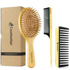 Bamboo Hair Brush and Comb Set, Massage Scalp Detangling Hairbrush for Hair Growth, Bakelite Durable Anti Static Wide-Tooth Comb & Rat Tail Comb for Women, Men, Kid