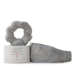 VOLO Luna Gray Spa Headband & Scrunchie Set for Women | Towel Hair Accessories for Makeup, Washing Face, Self Care & Skin Care | Ultra Soft, Absorbent & Stretchy | Perfect Pair Bundle | Microfiber
