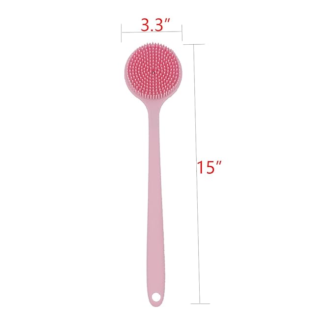 DNC Silicone Back Scrubber for Shower, Soft Bath Body Brush with Long Handle (Pink)