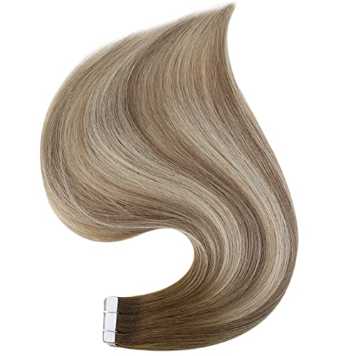 Full Shine Seamless Tape in Hair Extensions 16Inch Color Dark Brown 3 Fading to 8 and 22 Blonde Double Sided Tape in Extension Human Hair Skin Weft 50G Straight for Women Add Volume 20Pcs