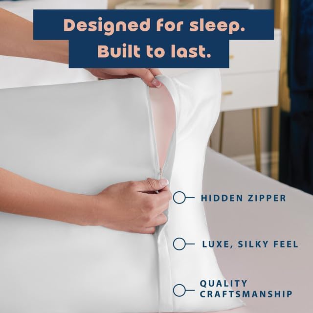 BLISSFORD Satin Pillowcase with Zipper for Hair and Skin Care, Feels Soft and Cool Like a Silk Pillowcase, White Satin Pillow Cases 2 Pack, Slik Pillow Cover, King Size - Set of 2