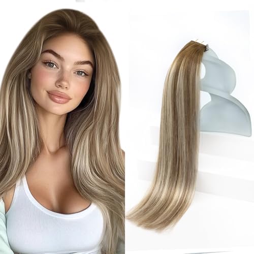Sunny Hair Tape in Hair Extensions Medium Brown Balayage Blonde Tape in Hair Extensions Human Hair, 20 inch Remy Hair Extensions Tape in 20Pcs 50g