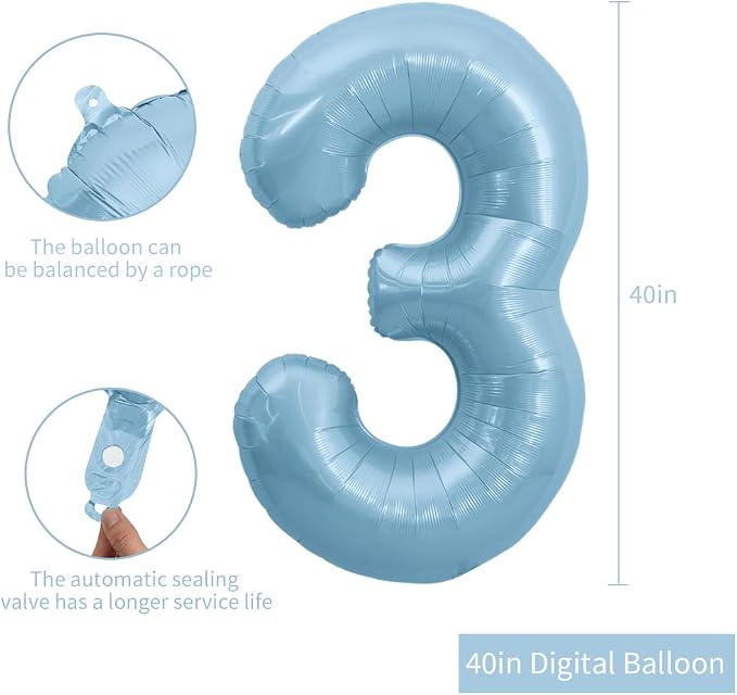 TONIFUL 40 Inch Pastel Blue Number 3 Foil Balloons Large Mylar Foil Digital 3 - Image 2