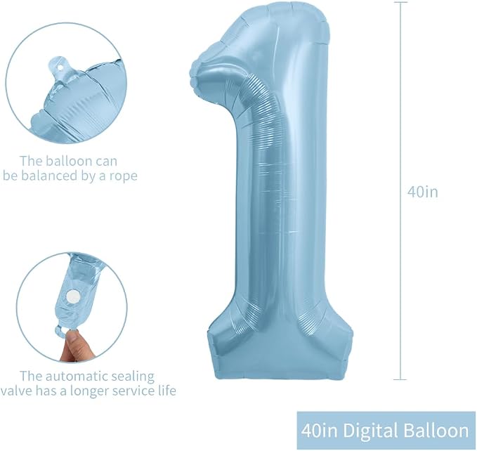 TONIFUL 40 Inch Pastel Blue Number 1 Foil Balloon Large Mylar Foil Digit 1 - Image 2