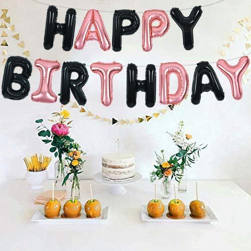 TONIFUL Black Rose Gold Happy Birthday Balloons Banner 16 Inch Mylar Foil - Image 4