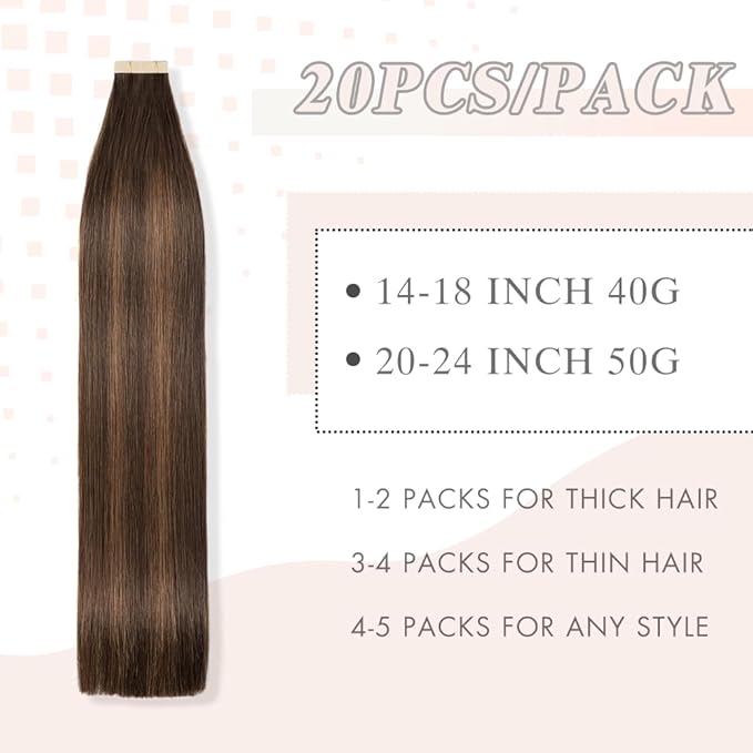 Balayage Dark Brown Mixed Chestnut Brown Tape in Hair Extensions Human Hair, 20pcs 16 Inch Remy Hair Extensions Real Human Hair Tape in Extensions Skin Weft Tape Ins (2/2/6#,16 Inch)