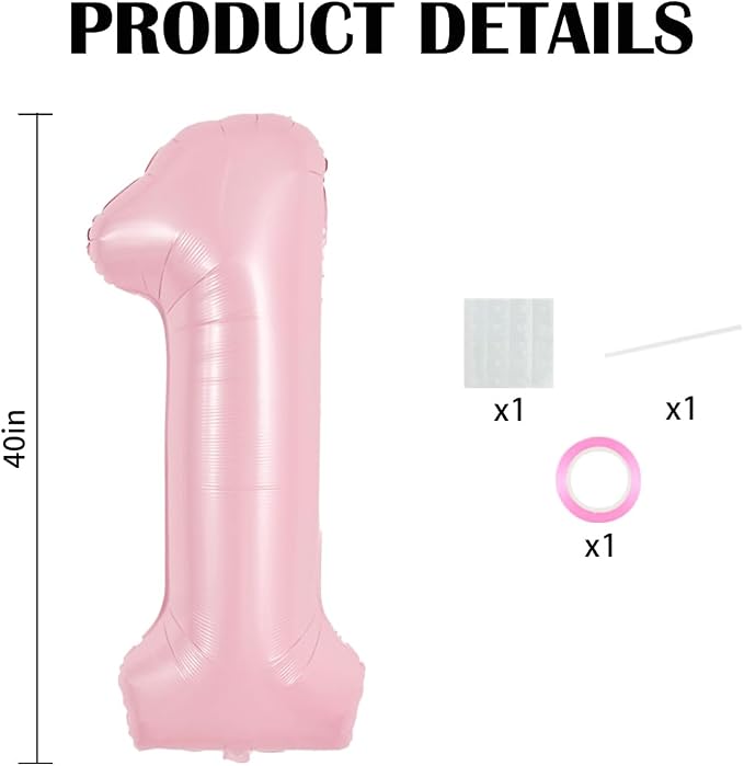 TONIFUL 40 Inch Pastel Pink Number 1 Balloons Large Foil 1st Birthday Decor | - Image 2