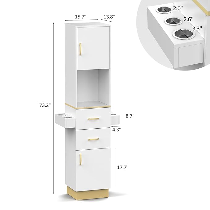 Salon Station for Hair Stylist - Barber Beauty Spa Equipment With 2 Drawers, 2 Storage Cabinets, 6 Hair Dryer Holders for Styling - White Gold