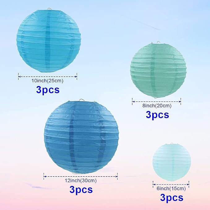 Blue Paper Lanterns 12 Pcs Assorted size of 6" 8" 10" 12" Chinese Round Paper - Image 2