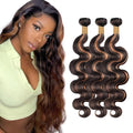 Highlight Bundles Human Hair Light Brown Body Wave Bundle Niegmeag Brazilian Virgin Remy Hair 3 Bundles 16 18 20 Inch Double Weft 2 Tone Black and Light Brown Bundle P1B30 Color