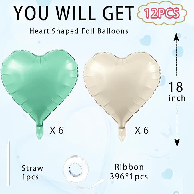 Baby White Heart Balloons，18 Inch Light Green Helium Foil Love Heart Shaped - Image 2