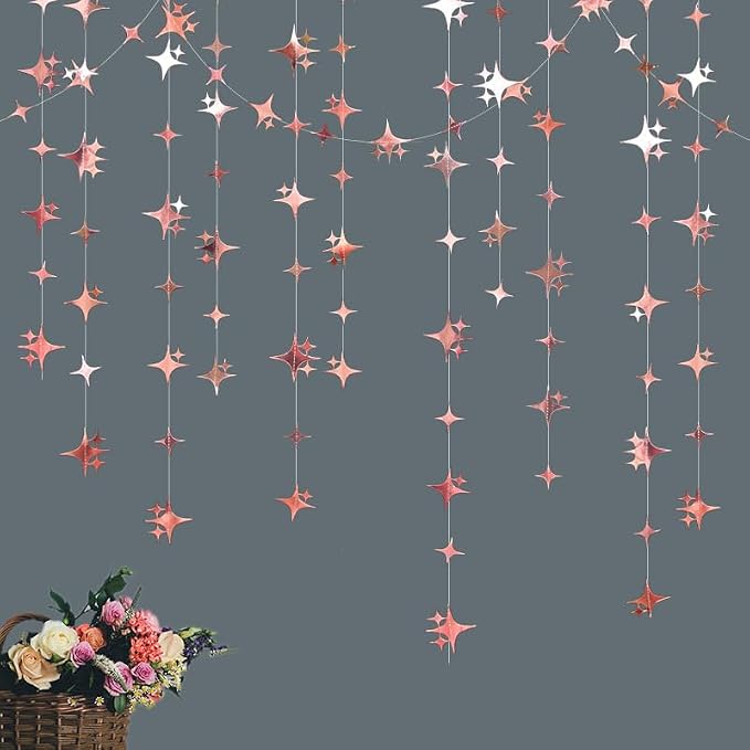 Glitter Rose Gold Four-Angle Star Paper Garland Banner Décor 40 Feet Twinkle - Image 3