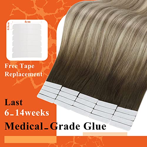 Full Shine Seamless Tape in Hair Extensions 16Inch Color Dark Brown 3 Fading to 8 and 22 Blonde Double Sided Tape in Extension Human Hair Skin Weft 50G Straight for Women Add Volume 20Pcs