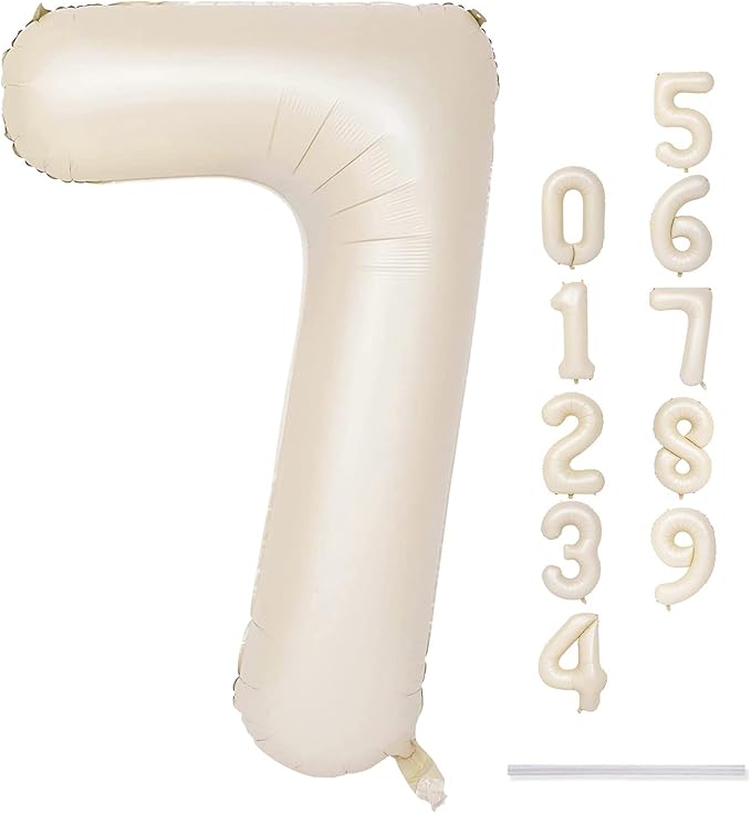 40'' Beige Number 7 Balloons, Giant Self Inflating Cream Foil Number Balloons by Lingqiang