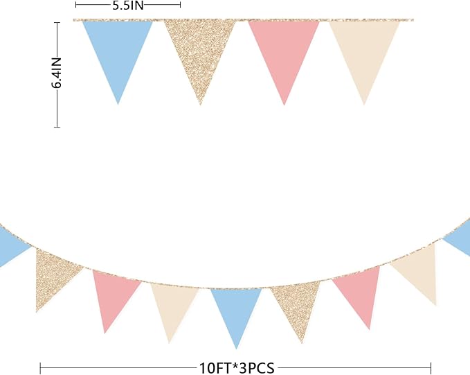 Dusty Rose Pink and Blue Beige Champagne Gold Party Decorations Pennant Banner - Image 2