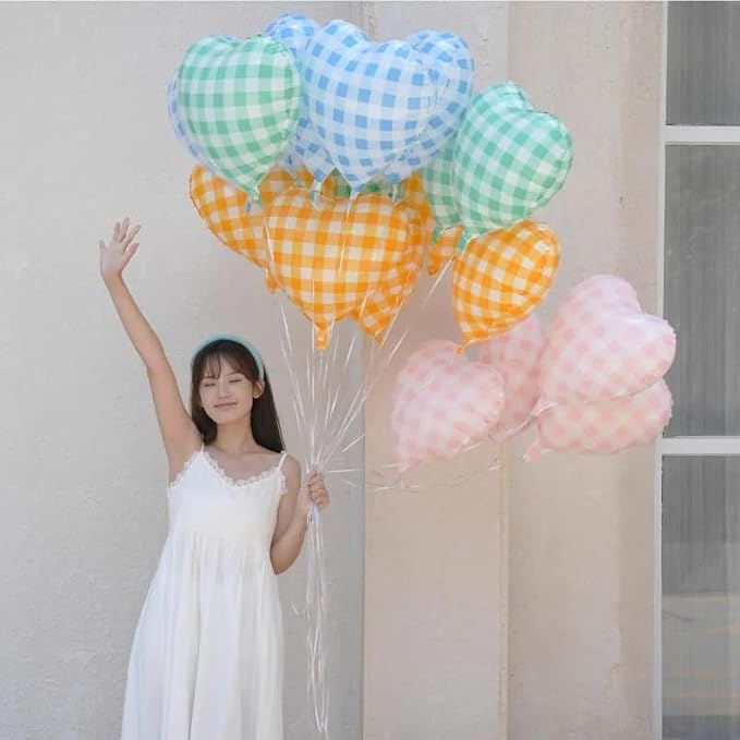 Blue White Checkered Heart Balloons, 18 Inch Lattice Foil Valentines Balloons - Image 5