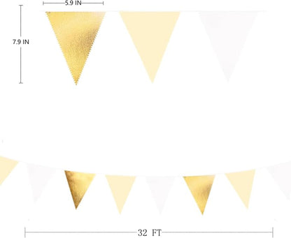 White and Gold Party Decorations Gold Beige White Fabric Triangle Pennant - Image 2