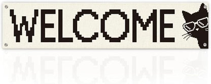 Funny Cat Welcome Banner for Porch Entryway, Pixel Art Wall Hanging Decor for by Unknown