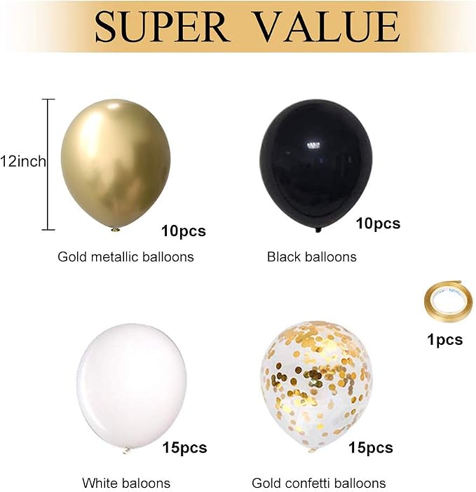 Black and Gold Confetti Balloons, 50 Pack 12inch White Latex Party Balloon Set - Image 2