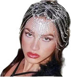 YERTTER Wedding Silver Rhinestone Head Cap Layered Fringe Chain 20s Head Accessories Jewelry Crystal Headband Headpiece Boho Hair Accessories for Women Brides Prom Costume(Silver 1)
