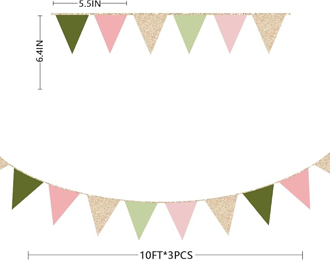 Sage Green Dusty Rose Pink Champagne Gold Pennant Banner Flag Hanging Glitter - Image 2