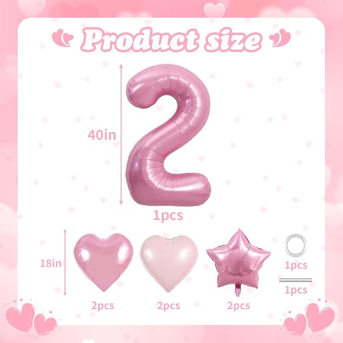 TONIFUL 2nd Birthday Balloons Kit 40 Inch Pink Large Number 2 Foil Balloon | - Image 2