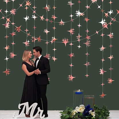 Glitter Rose Gold Four-Angle Star Paper Garland Banner Décor 40 Feet Twinkle - Image 5