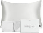 FluffCo 100% Pure Mulberry Silk Pillowcase - Queen Size | Luxurious Cooling Pillowcase for Hair & Skin Care | 22 Momme Natural Silk Body Pillowcase for Standard US Bedding (Silver)
