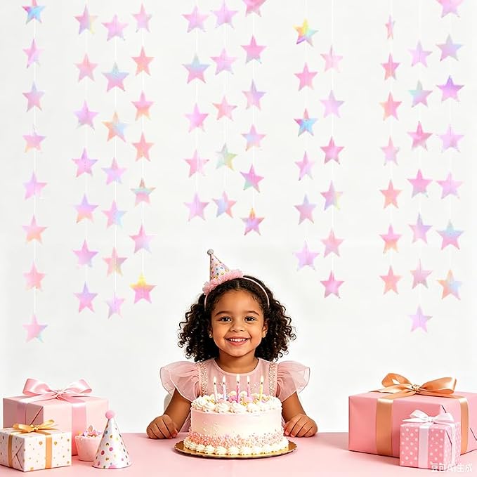 Iridescent Pink Shining Star Hanging Garland Pink Holographic Hanging Sparkling - Image 4