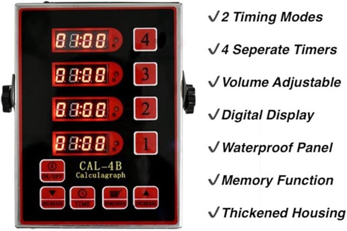 Commercial Kitchen Timer, 4-Channel Digital Timer for Cooking, Loud Alarm Volume +/-, Food Truck Restaurant Supplies, Heavy Duty Stainless Steel Large Timers with Waterproof Panel & Memory Function