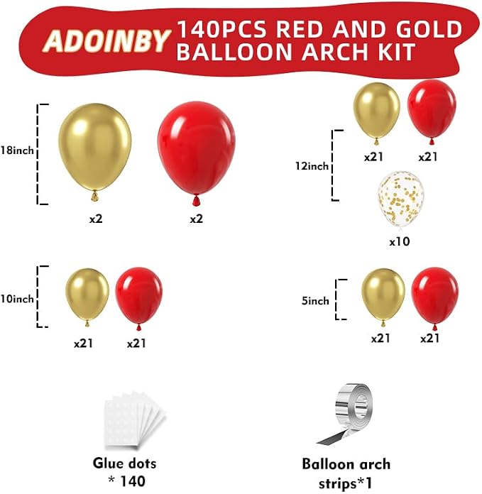 Red and Gold Balloon Arch Kit, ADOINBY 140Pcs Gold Balloon Red Balloon Confetti - Image 2