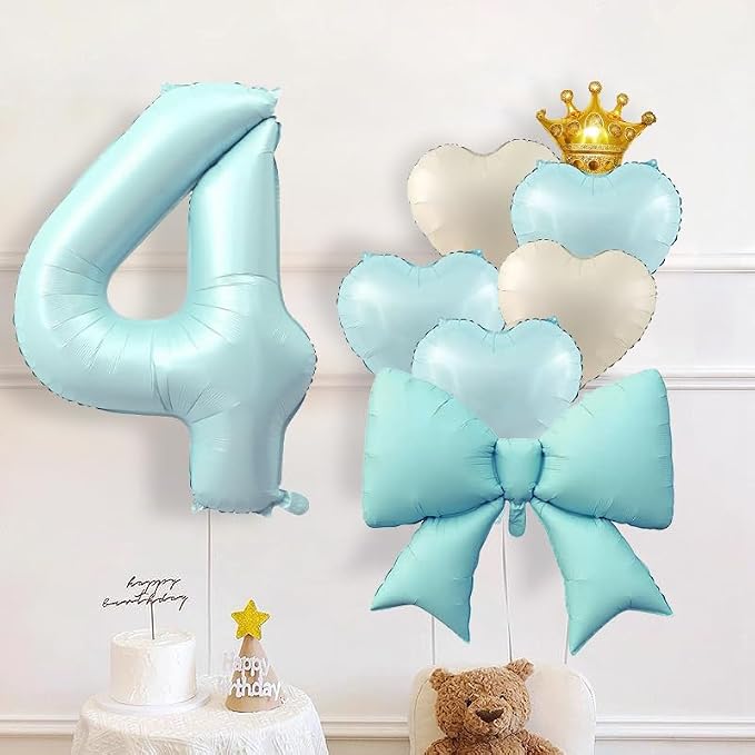 LilyZheng Pastel Blue Number 4 Foil Balloon & Bow Set, 4th Birthday Decorations - Image 7