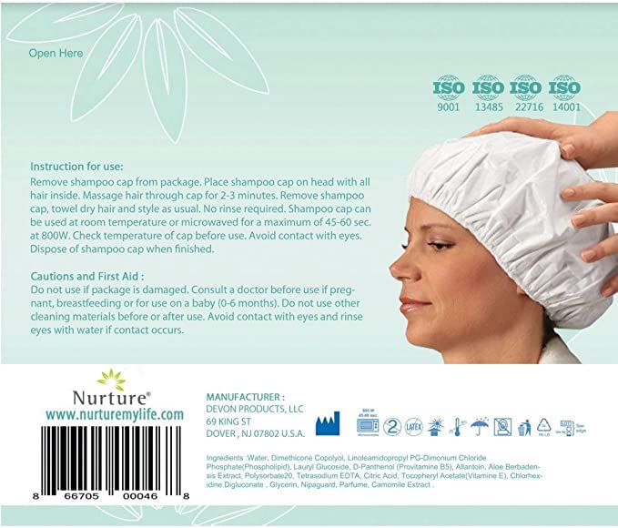 No Water Rinse Free Shampoo Cap by Nurture | Microwavable Washing & Conditioning Shower Caps to Wash Hair w/o Bath | Waterless Bathing | Disposable & Hypoallergenic for Adults, Bedridden & Elderly