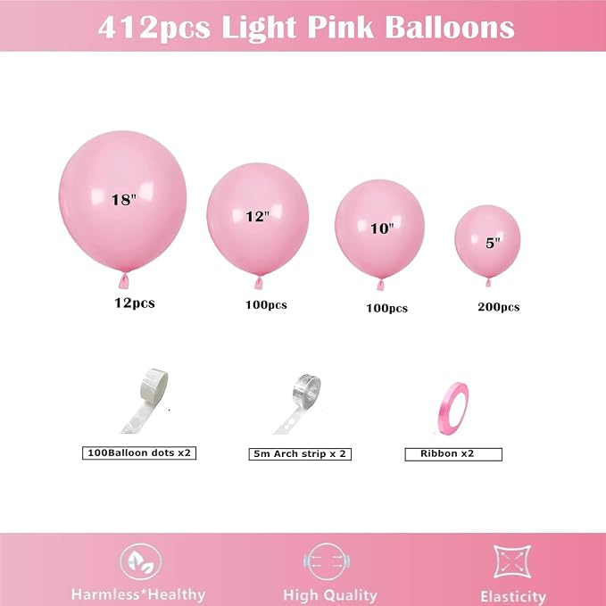 412pcs Light Pink Balloon Arch Kit 18 12 10 5 Inch Different Sizes baby pink - Image 2