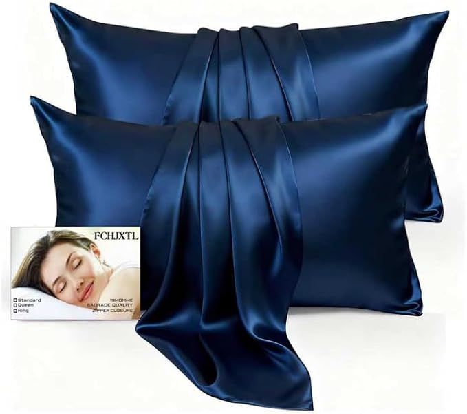 Set of 2 100% Silk Pillow Cases Queen - 6A Luxury Mulberry Silk Pillowcase for Hair and Skin - Anti-Wrinkle, Cooling & Smooth, Hidden Zipper - Pillowcases for Sleeping Women Girl, Boy, Navy Blue