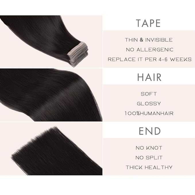 Human Hair Tape in Extensions, Natural Black Hair Extensions Real Human Hair 16 Inch 20pcs Remy Straight Tape ins Invisible Tape in Hair Extensions Human Hair (1B#,16 Inch)