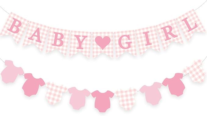 Pink Gingham Baby Banner Girl Plaid Welcome Baby Shower Sign Decoration by DUIILHOS