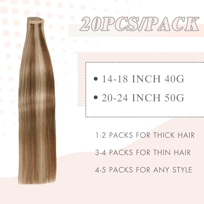 Tape in Extensions for Women 24 Inch Chestnut Brown to Blonde Highlight Real Hair Extensions for Thin Hair 20pcs Seamless Hair Extensions (P6/613#,24 Inch)