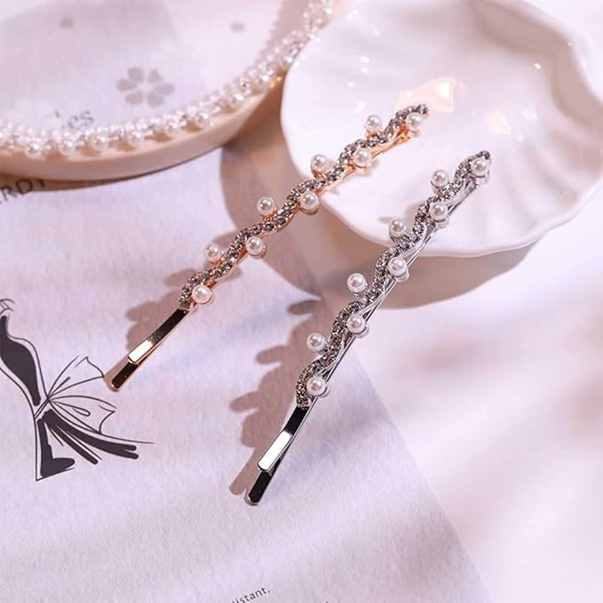 WHITEBRIDGE 8pcs Rhinestone and Pearl Bobby Pins Metal Hair Clips Sparkling HairClip for Women Girls Gold and Silver Diamond Hair Pins