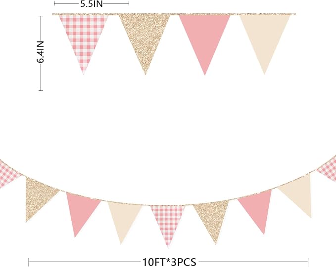 Dusty Rose Pink Buffalo Plaid Champagne Gold Party Decorations Pennant Banner - Image 2