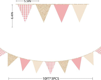 Dusty Rose Pink Buffalo Plaid Champagne Gold Party Decorations Pennant Banner - Image 2