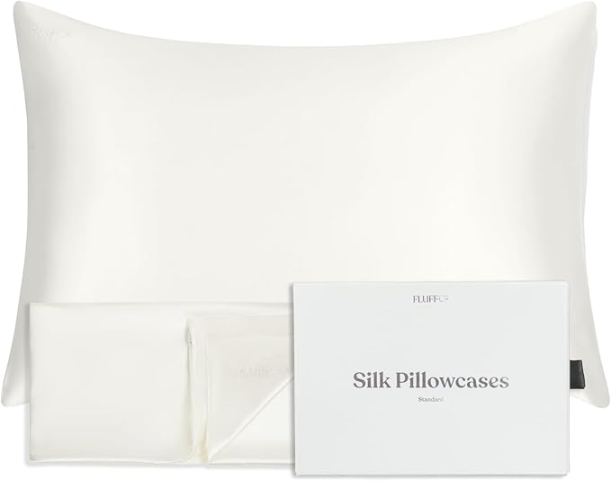 FluffCo 100% Pure Mulberry Silk Pillowcase - Queen Size | Luxurious Cooling Pillowcase for Hair & Skin Care | 22 Momme Natural Silk Body Pillowcase for Standard US Bedding (White)