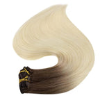 Full Shine Ombre Clip in Blonde Human Hair Extensions 16 Inch Straight Hair Clip in Extensions Dark Brown to Bleach Blonde 120 Grams 16 Inch