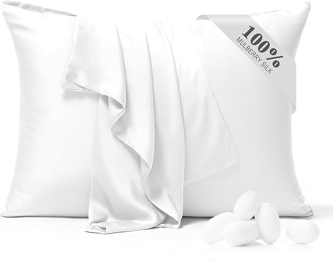 100% Pure Silk Pillowcase 2 Pack for Hair and Skin, Both Sides 23 Momme Grade 6A+ Mulberry Silk Pillowcases with Hidden Zipper, Soft&Smooth Cooling Pillow Cases (White, Standard 20x26)
