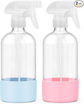 2 Pack Glass Spray Bottles with Silicone Sleeve, 16 oz Empty Refillable Containers with Adjustable Spray Nozzles, Spray Bottles for Hair, Cleaning Solutions and Plants Blue&Pink