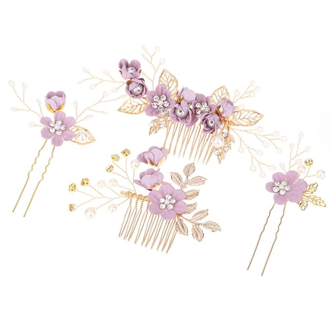 Wedding Flower Hair Accessories for Women, 4pcs Bridal Hair Pieces for Wedding - Bridal Headpiece Clip Comb with Flower & Rhinestone for Brides Bridesmaids Women Girls Updo