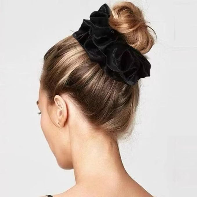 2PCS Extra Large Satin Scrunchies for Women Thick Hair - No Damage Hair Ties 6.3Inches Big Hair Scrunchy Oversized Thick Elastic Hair Bands Ponytail Holders Jumbo Scrunchies (Black Pink)