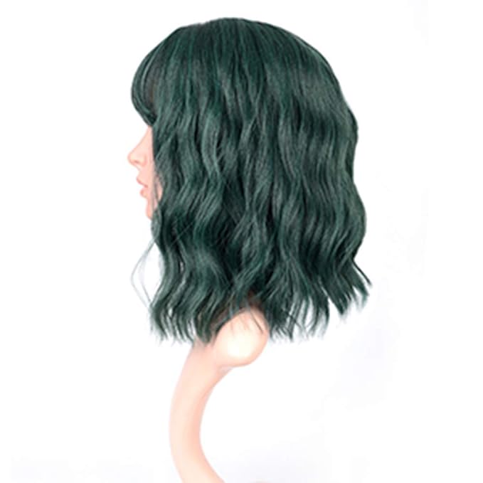 FAELBATY Short Green Wigs With Air Bangs Shoulder Length Bob Wig For Women Curly Wavy Synthetic Cosplay Wig for Girl (12" Dark Green)