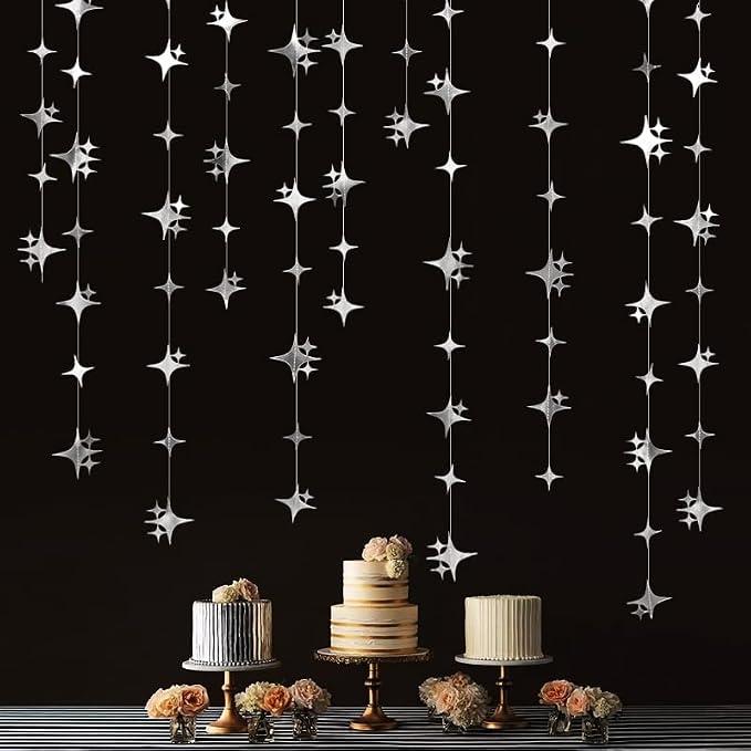 Glitter Silver Four-Angle Star Paper Garland Banner Décor 40 Feet Twinkle - Image 3